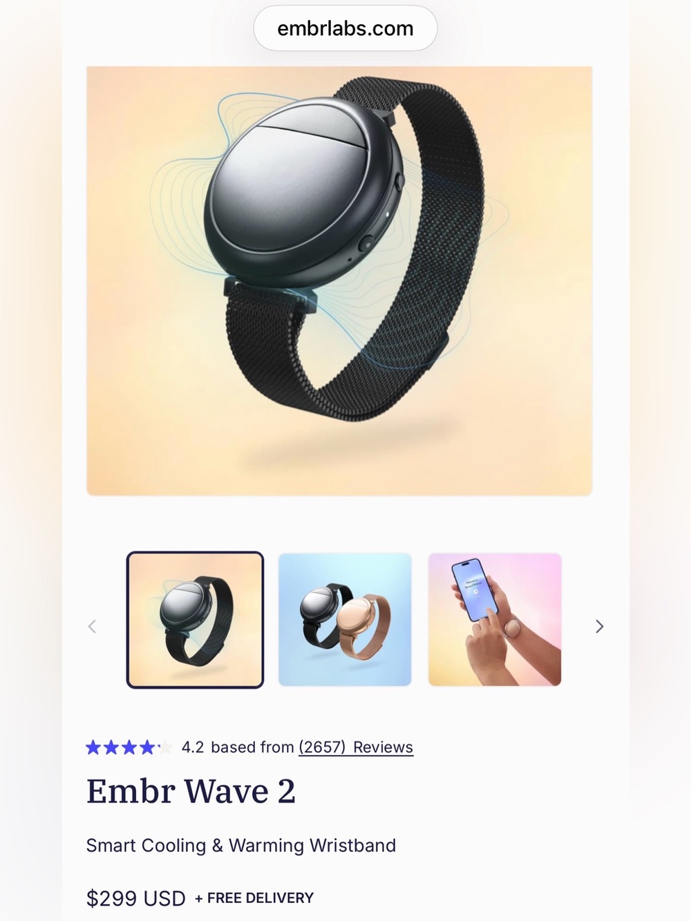 Embr Labs Embr Wave 2 Smart Cooling & Warming Wristband Stress/Hot Flash/chemo